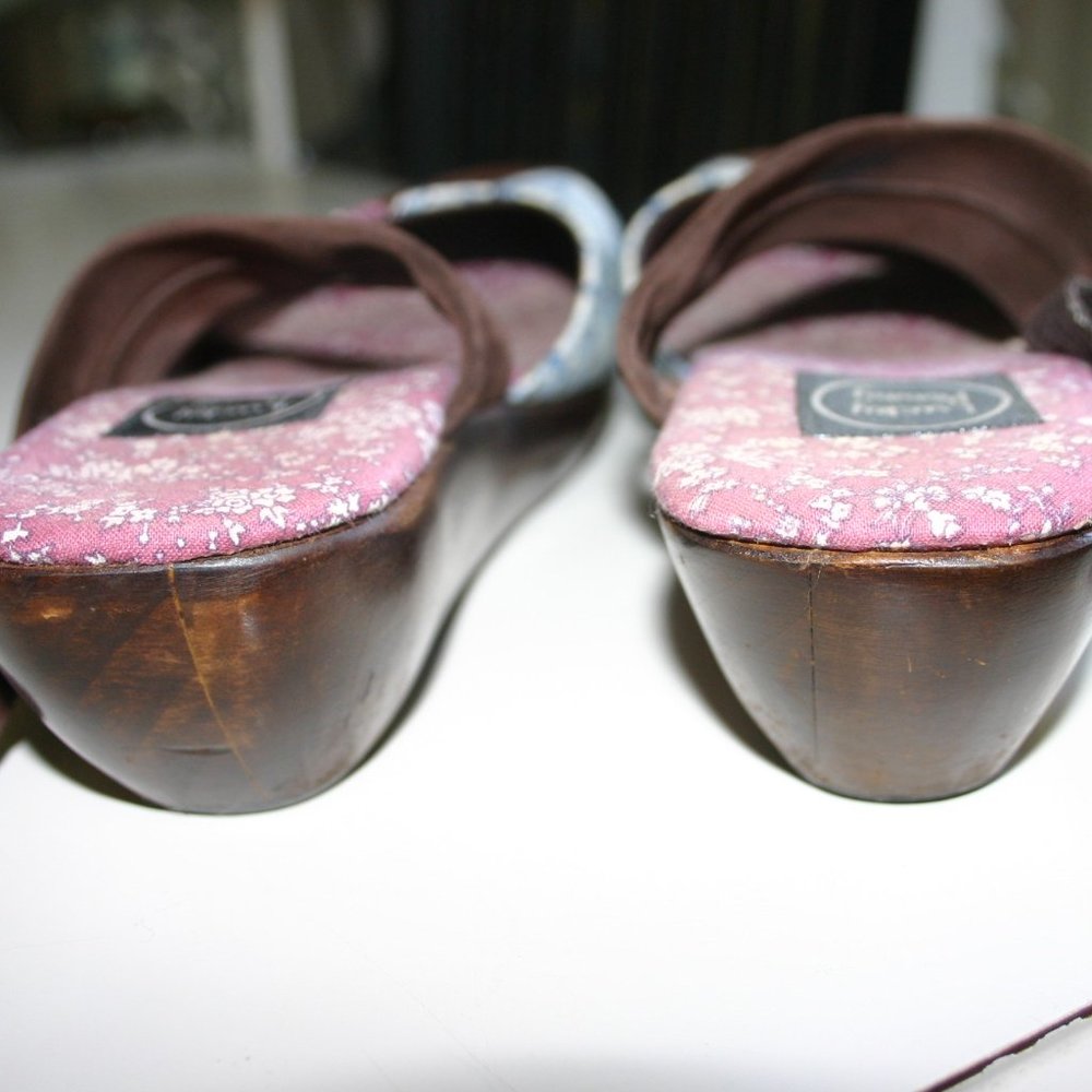 LUCKY PENNY Patchwork Clog Size 8 Wooden Platform/Walnut Stain*Fabric*Suede - Picture 7 of 13